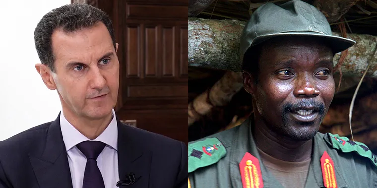 Left: Syrian President Bashar al-Assad speaks during an interview with the RIA Novosti news agency, in Damascus, Syria, on June 10, 2020. Right: Joseph Kony, leader of the Lord's Resistance Army, speaks during a meeting with a delegation of 160 officials 