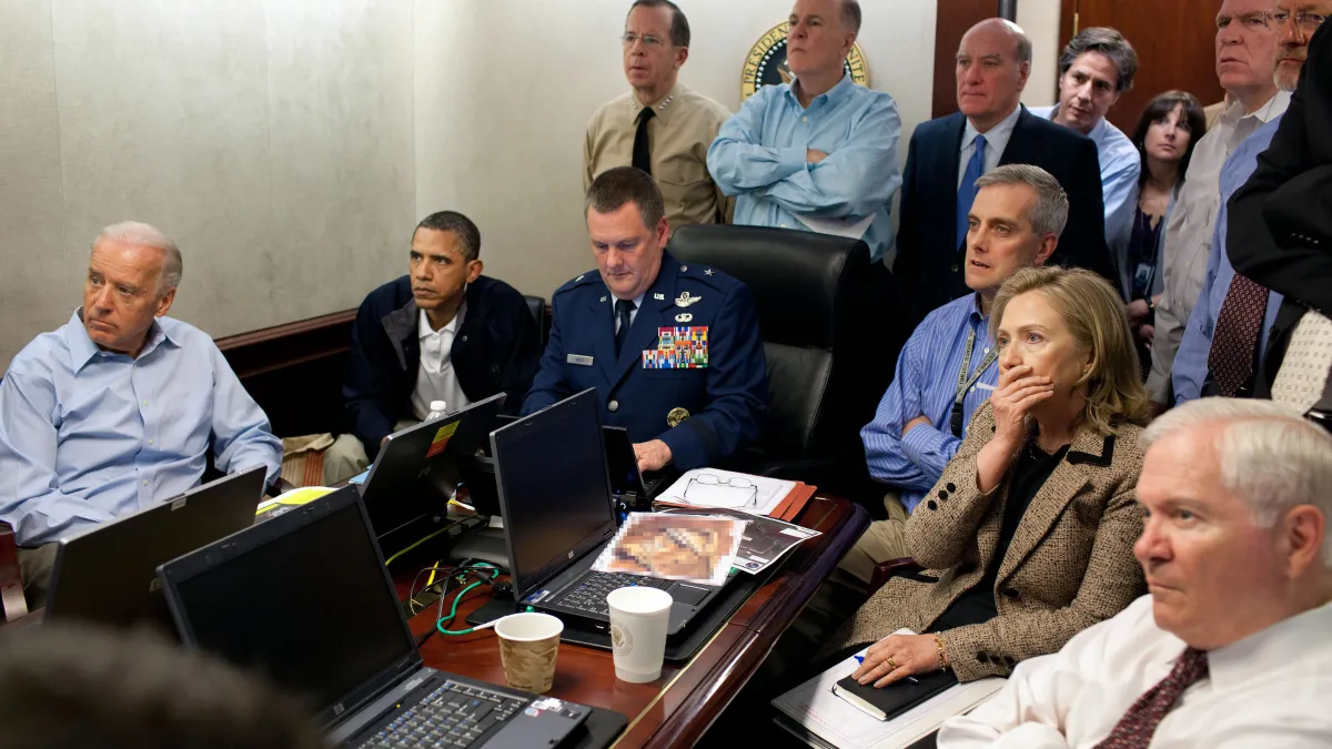 On May 1, 2011, President Barack Obama and Vice President Joe Biden, along with with members of the national security team, receive an update on the mission against Osama bin Laden in the Situation Room of the White House in Washington, D.C.