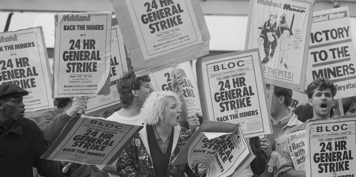 A protest to ask for a 24-hours strike to support miners outside a TUC conference, UK, 4th September 1984.