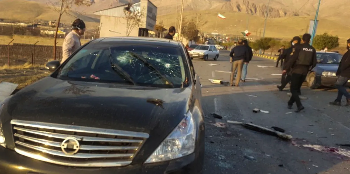 This photo released by the semi-official Fars News Agency shows the scene where Mohsen Fakhrizadeh was killed in Absard, a small city just east of the capital, Tehran, Iran, Friday, Nov. 27, 2020.