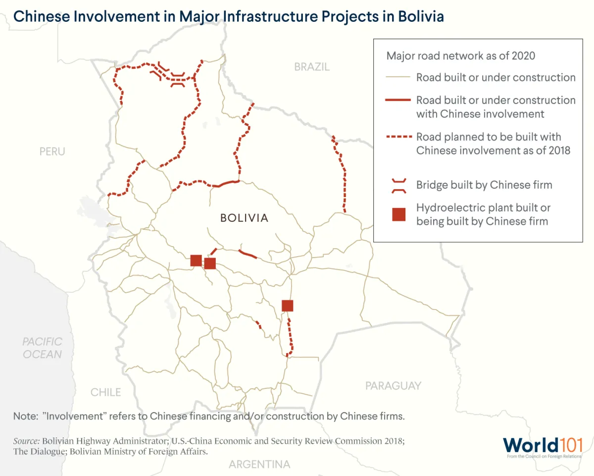 A map showing Chinese involvement in major infrastructure projects in Bolivia, according to The Dialogue as well as the Bolivian and United States governments. For more info contact us at world101@cfr.org.