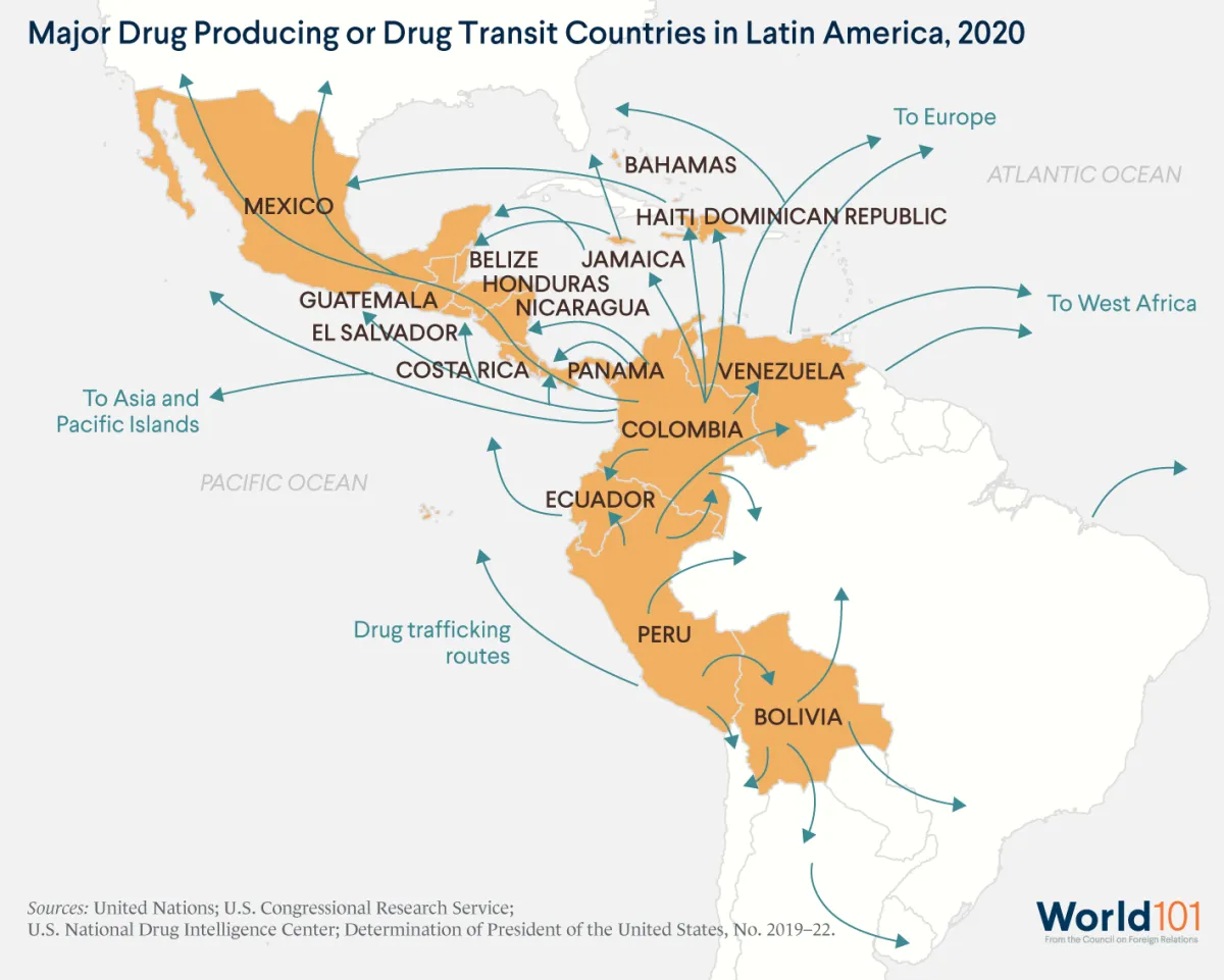 A map showing the major drug-producing or drug-transit countries in Latin America in 2020, according to information from the U.S. government and United Nations. For more info contact us at world101@cfr.org.