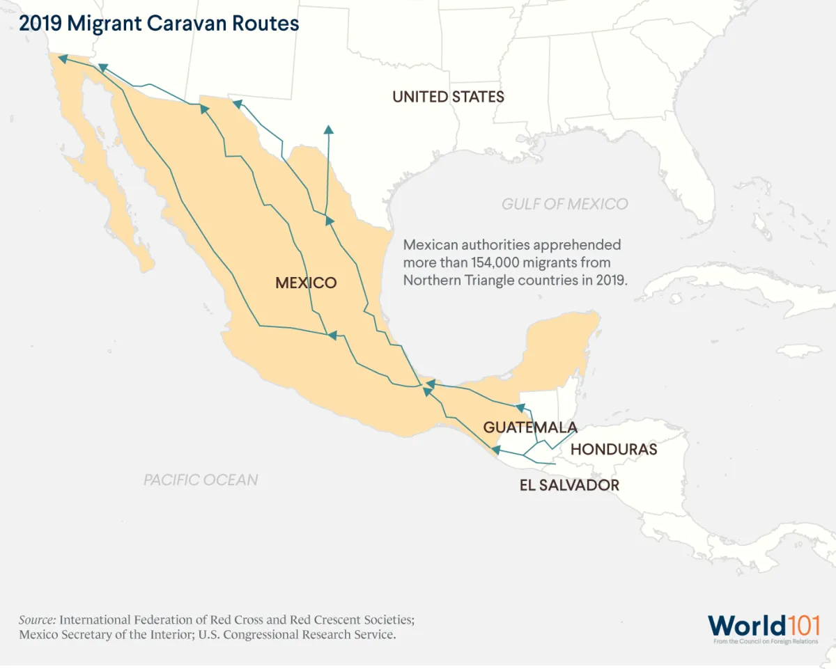A map showing the migrant caravan routes from Central America to the United States in 2019. Mexican authorities apprehended more than 154,000 migrants from the Northern Triangle countries in 2019. For more info contact us at world101@cfr.org.