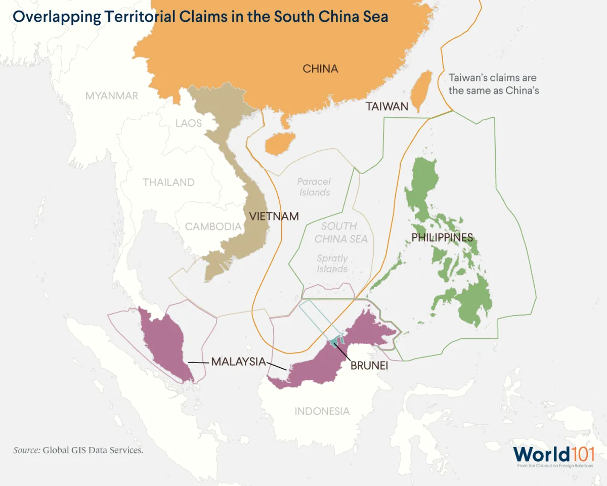 Map showing the overlapping territorial claims in the South China Sea. Source: Global GIS Data Services. For more info contact us at world101@cfr.org.