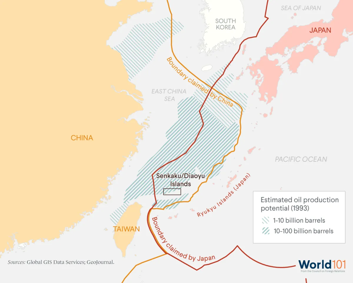 Map showing the overlapping territorial claims in the East China Sea. Source: Global GIS Data Services; GeoJournal. For more info contact us at world101@cfr.org.