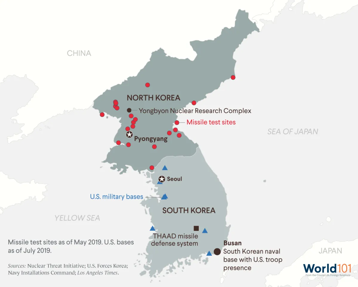 A map showing missile test sites and U.S. military base locations on the Korean Peninsula. Sources: Nuclear Threat Initiative, U.S. Military, Los Angeles Times.