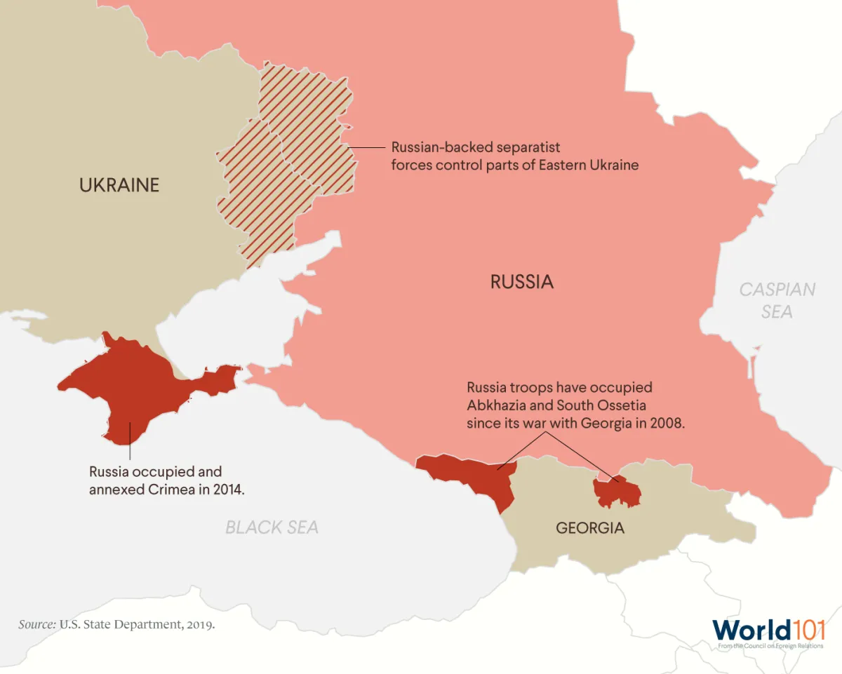 A 2019 map showing Russia occupied and annexed Crimea in 2014; parts of Georgia that Russian troops have occupied in 2008; and parts of Eastern Ukraine where Russia-backed separatist forces have control. For more info contact us at world101@cfr.org.