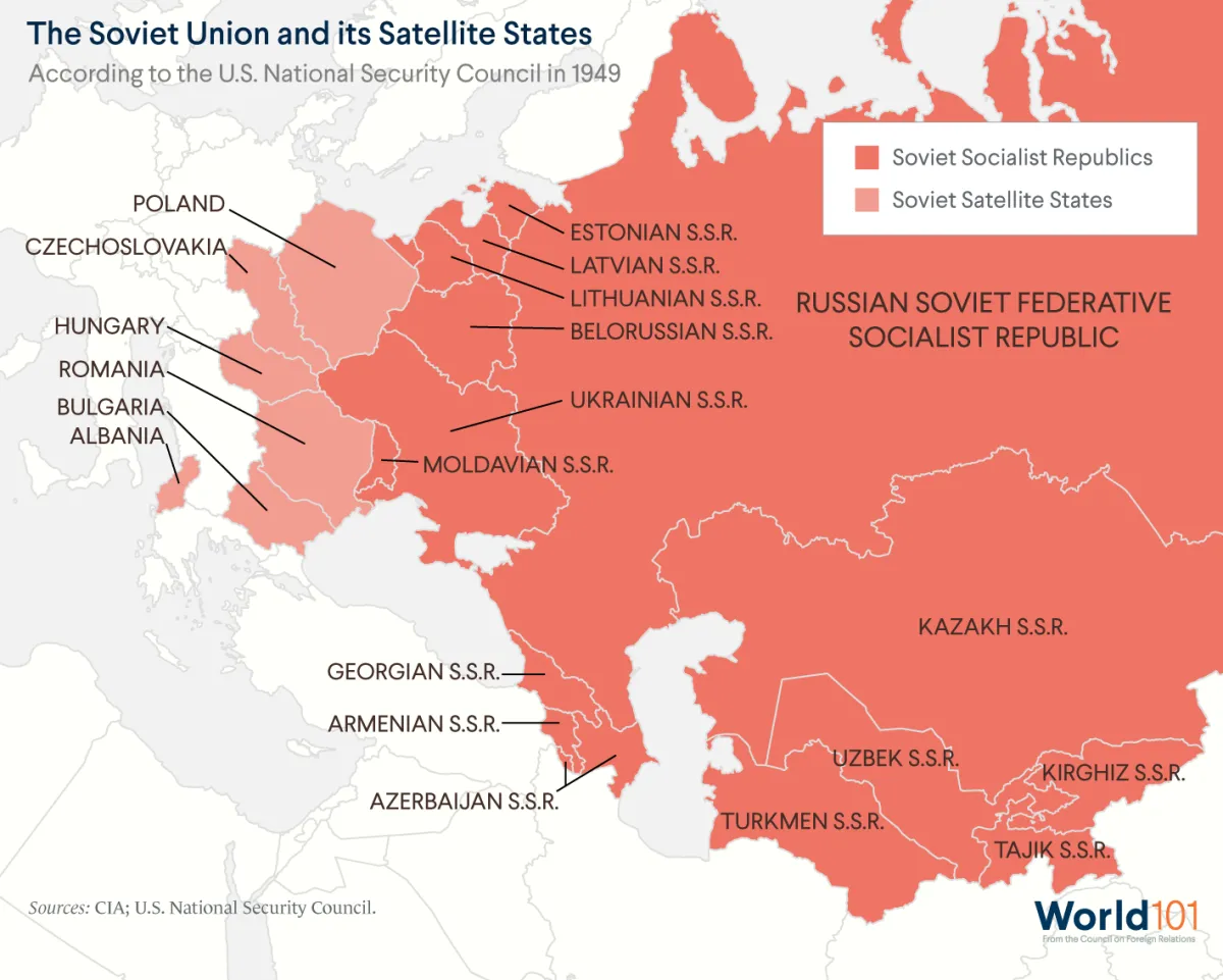 A map showing the Soviet Union and its satellite states according to the U.S. National Security Council in 1949. Sources: CIA; U.S. National Security Council. For more info contact us at world101@cfr.org.