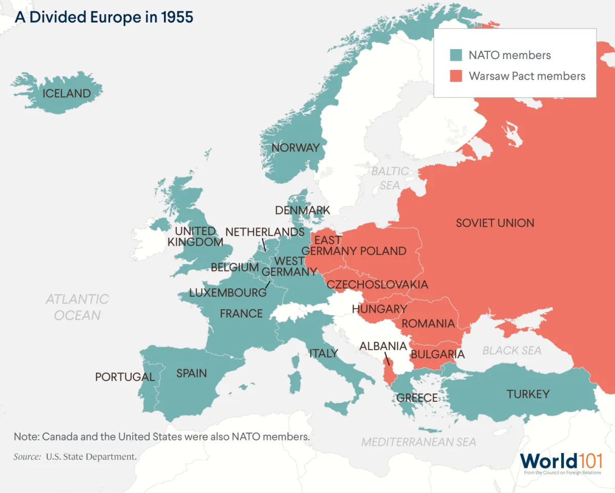 A map showing NATO members and Warsaw Pact members in Europe in 1955. Source: U.S. State Department. For more info contact us at world101@cfr.org.