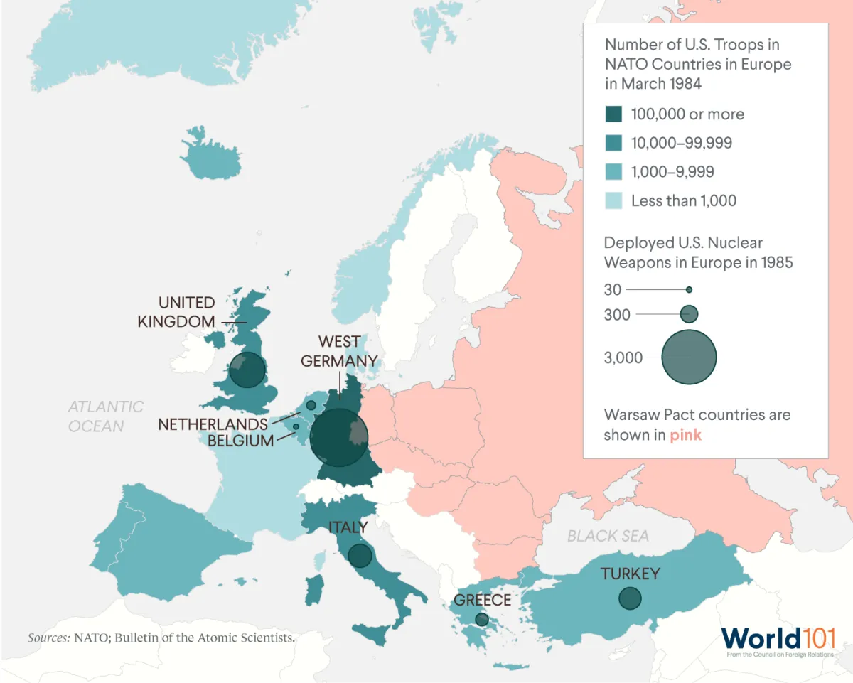A map showing the number of U.S. troops in NATO countries in Europe in March 1984 and the number of deployed U.S. nuclear weapons in 1985. Sources: NATO; Bulletin of the Atomic Scientists.