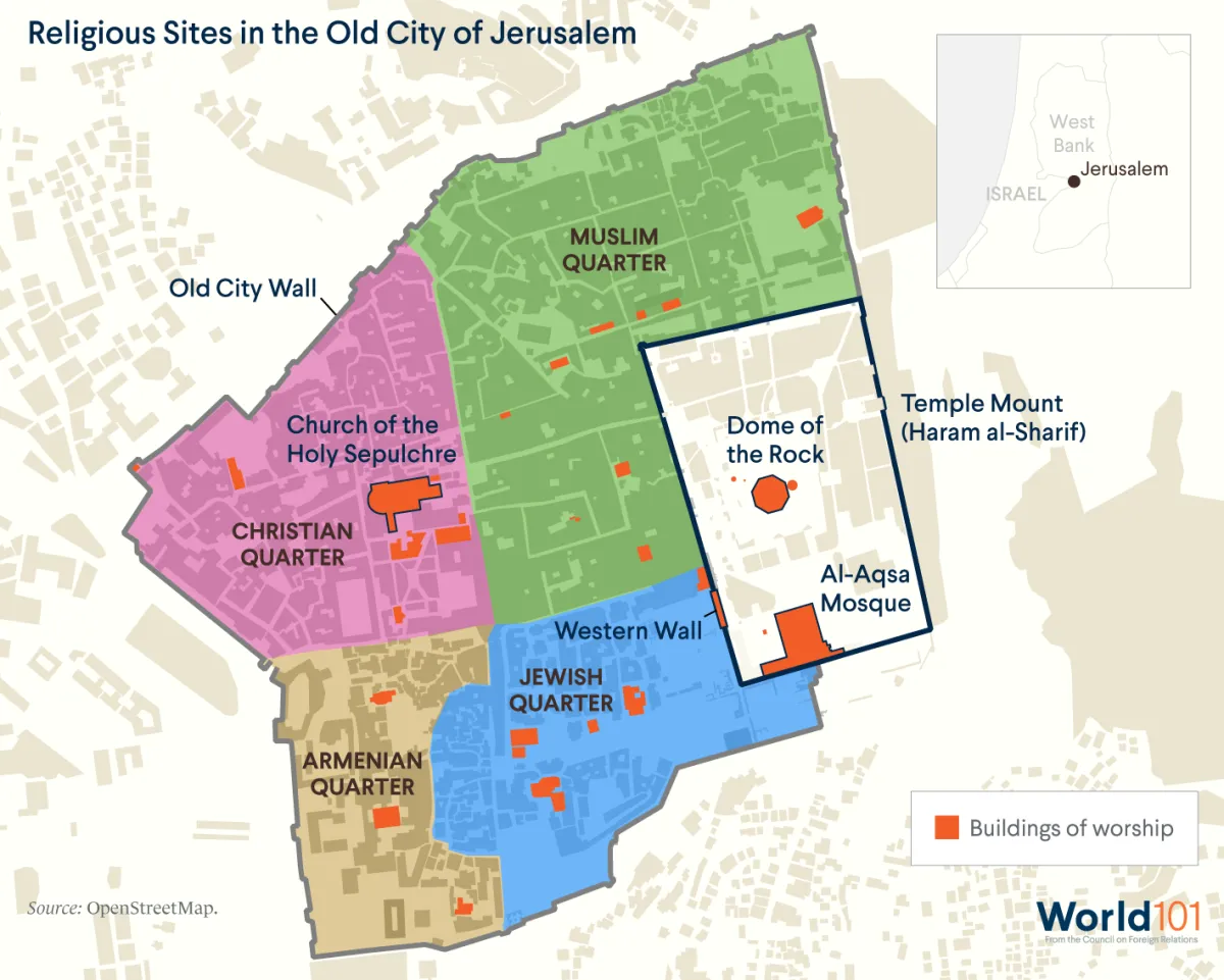 Map showing religious sites in the Old City of Jerusalem, including holy site known as Temple Mount to Jews and Haram al-Sharif to Muslims. For more info contact us at world101@cfr.org.