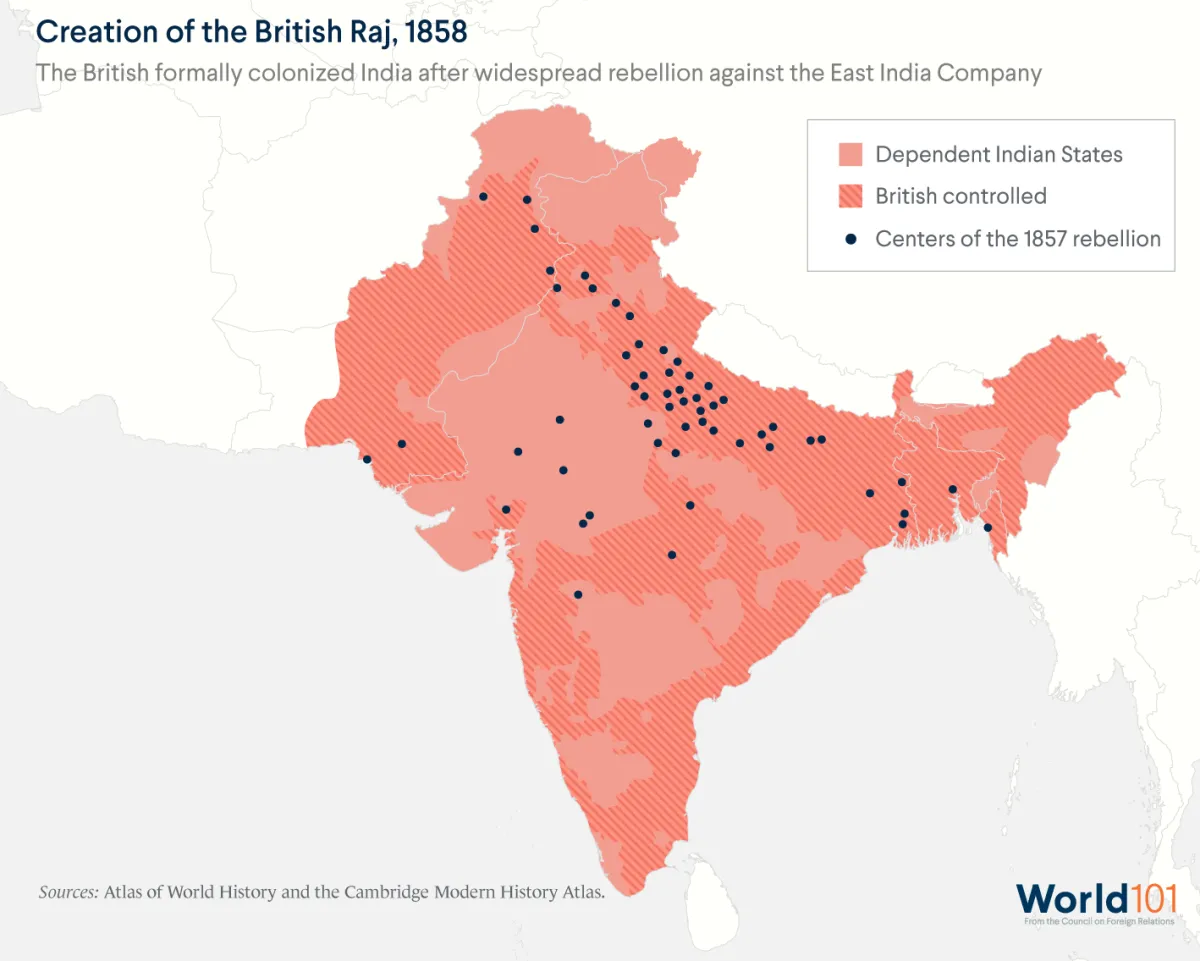 A map of the centers of the 1857 rebellion and the British Raj in 1858, including British-controlled areas and dependent Indian states. Sources: Atlas of World History and the Cambridge Modern History Atlas.