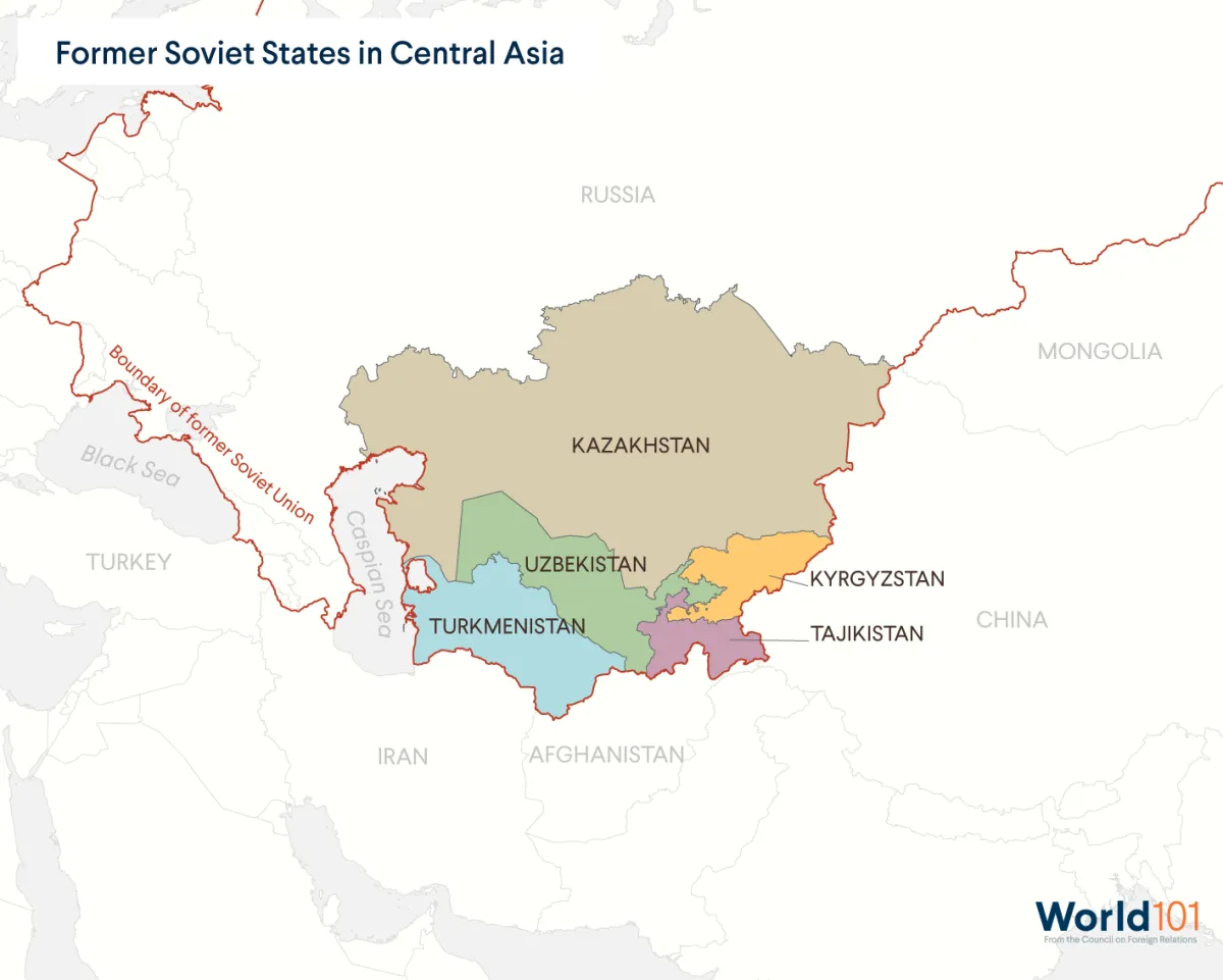 A map of the former Soviet states in Central Asia: Kazakhstan, Turkmenistan, Uzbekistan, Tajikistan, and Kyrgyzstan. For more info contact us at world101@cfr.org.