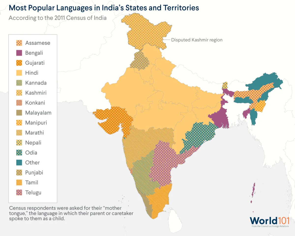 Map showing the most popular language in each of India's states and territories. Source: 2011 Census of India. For more info contact us at world101@cfr.org.