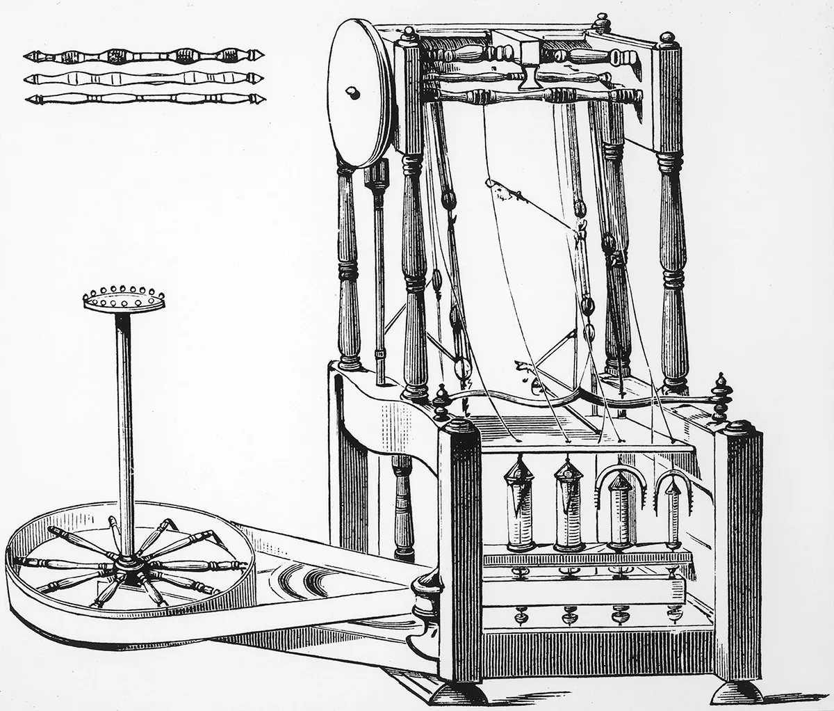 An illustrated diagram of the water frame developed by Richard Arkwright.