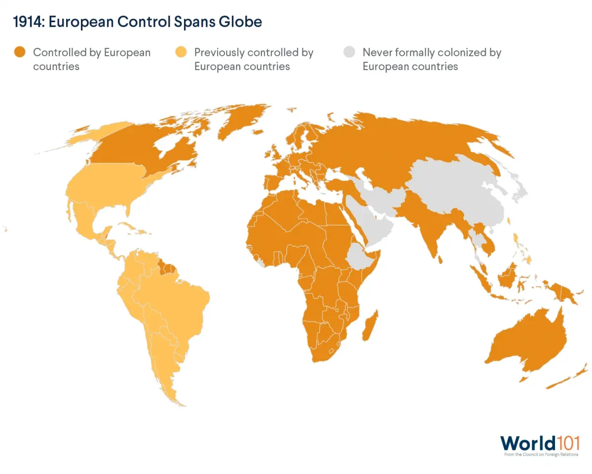 Map showing that by 1914 most of the world was either controlled by European countries, or had previously been controlled by European countries. For more info contact us at world101@cfr.org.