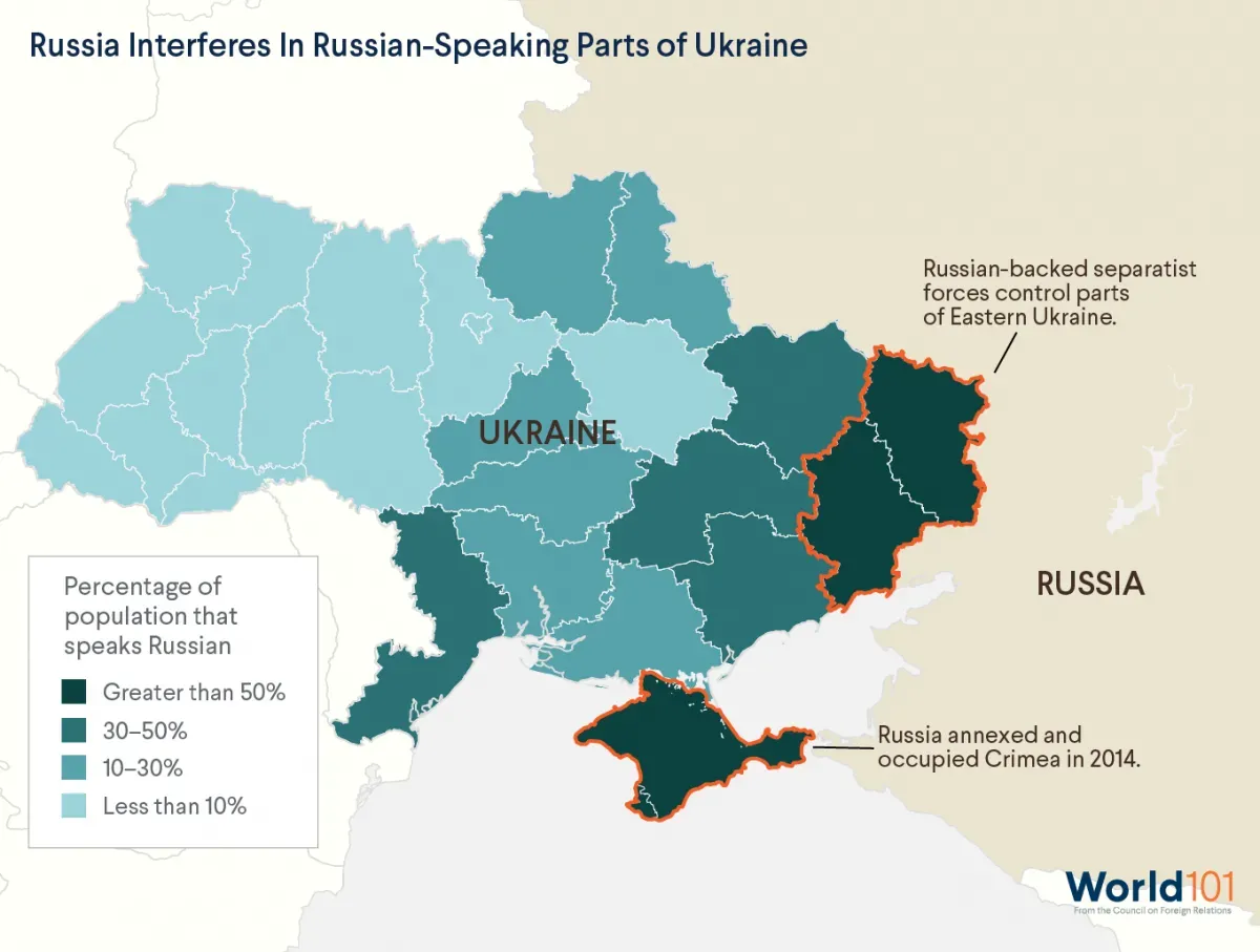 Map showing that in 2019, Russia interfered in the eastern areas of Ukraine where the majority of the population spoke Russian.