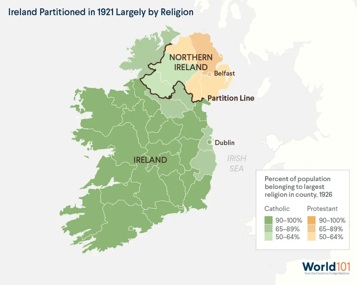 Map of how the northern part of Ireland, which was less Catholic and more Protestant, was partitioned from the rest of the country in 1921. For more info contact us at world101@cfr.org.