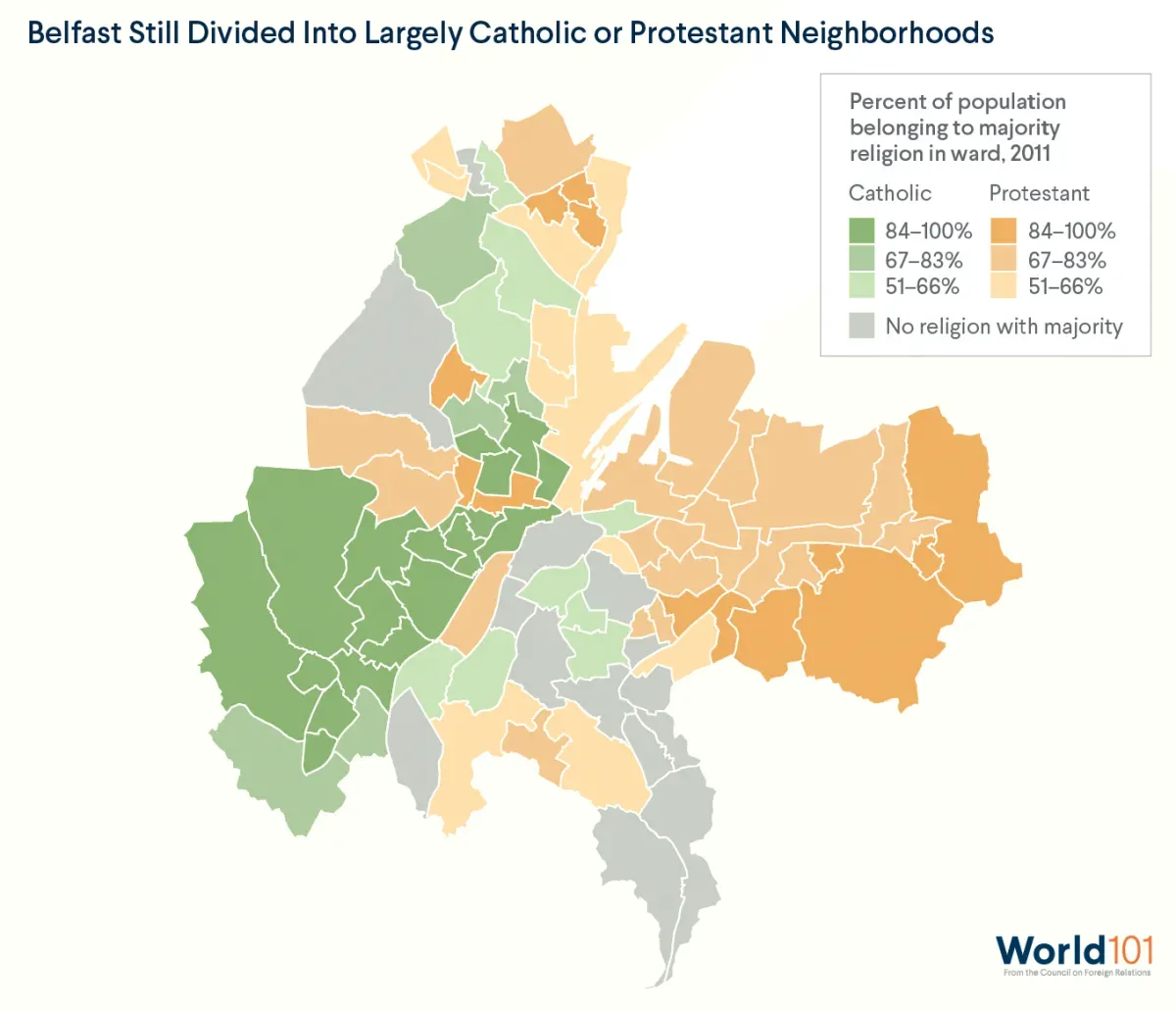 Map showing how, as of 2011, Belfast was still largely divided into largely Catholic or Protestant neighborhoods. For more info contact us at world101@cfr.org.