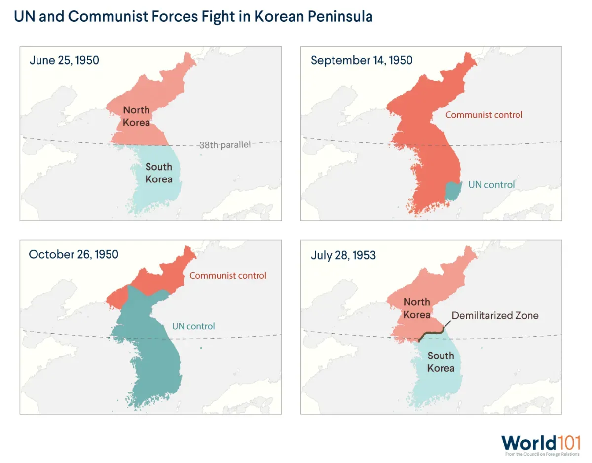Four Maps showing the geographic differences in territorial control during the Korean War between UN and Communist Forces. For more info contact us at world101@cfr.org.