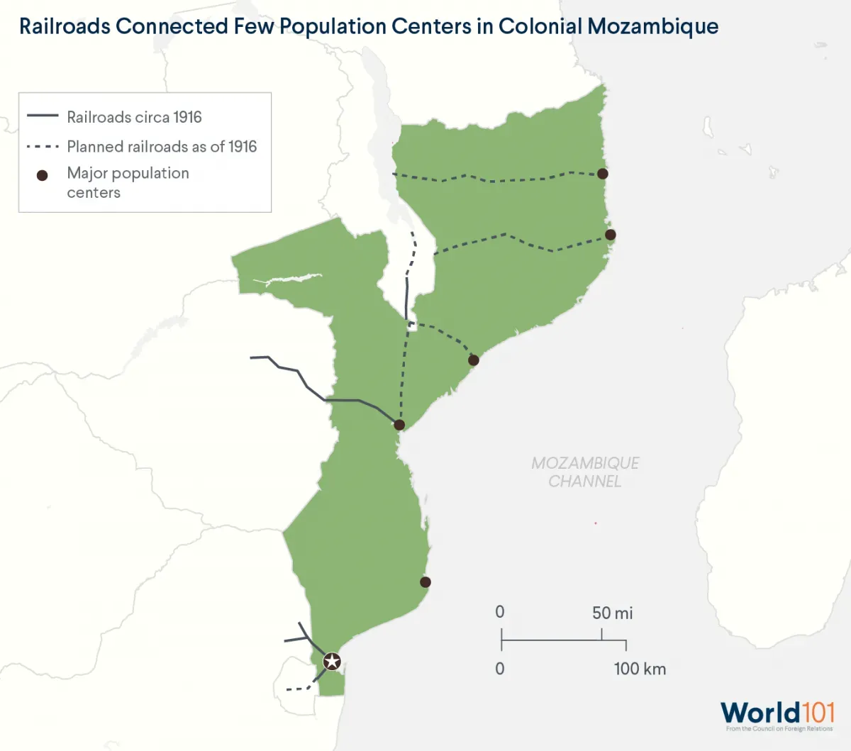 Map showing how the railroads in colonial Mozambique didn't really connect major population centers, but rather connected the resource-rich interior with the coasts. For more info contact us at world101@cfr.org.
