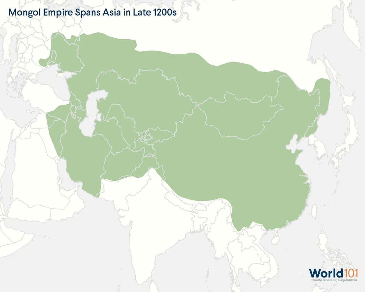 Map showing how the Mongol Empire spanned from Eastern Europe all the way to the South China Sea in the late 1200s. For more info contact us at world101@cfr.org.
