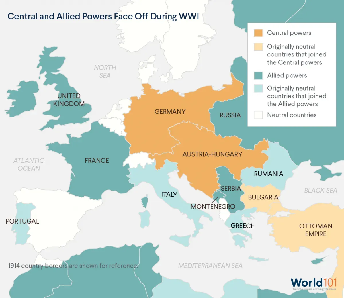 Map of the Allies and Central powers  in Europe that faced off during WWI. For more info contact us at world101@cfr.org.