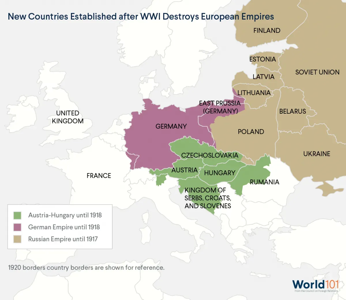Map of new European countries that were established after World War One destroyed the Russian, German, and Austro-Hungarian empires. For more info contact us at world101@cfr.org.