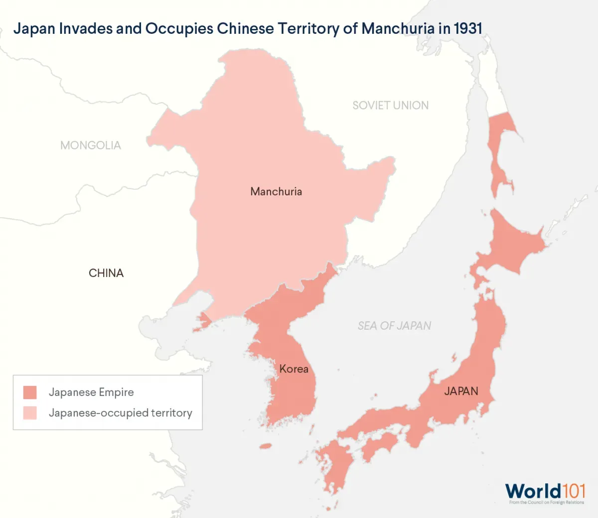 Map of the Japanese Empire and the Chinese territory Manchuria it occupied in 1931. For more info contact us at world101@cfr.org.