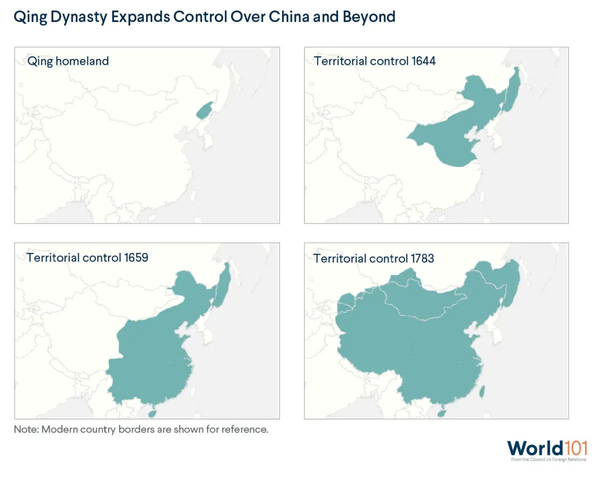 Map showing how the Qing Dynasty expanded from just a small area in Manchuria to control all of modern China, modern Mongolia and other neighboring territory, between the early 1600s and the late 1700s. For more info contact us at world101@cfr.org.