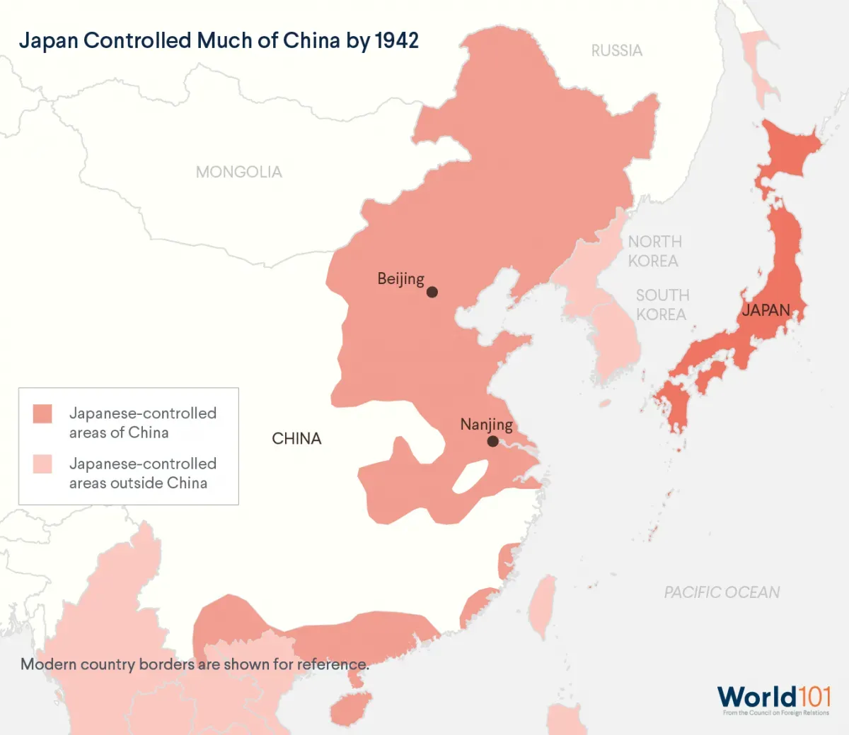 Map showing how Japan controlled much of China, particularly the northeast, by 1942. For more info contact us at world101@cfr.org.