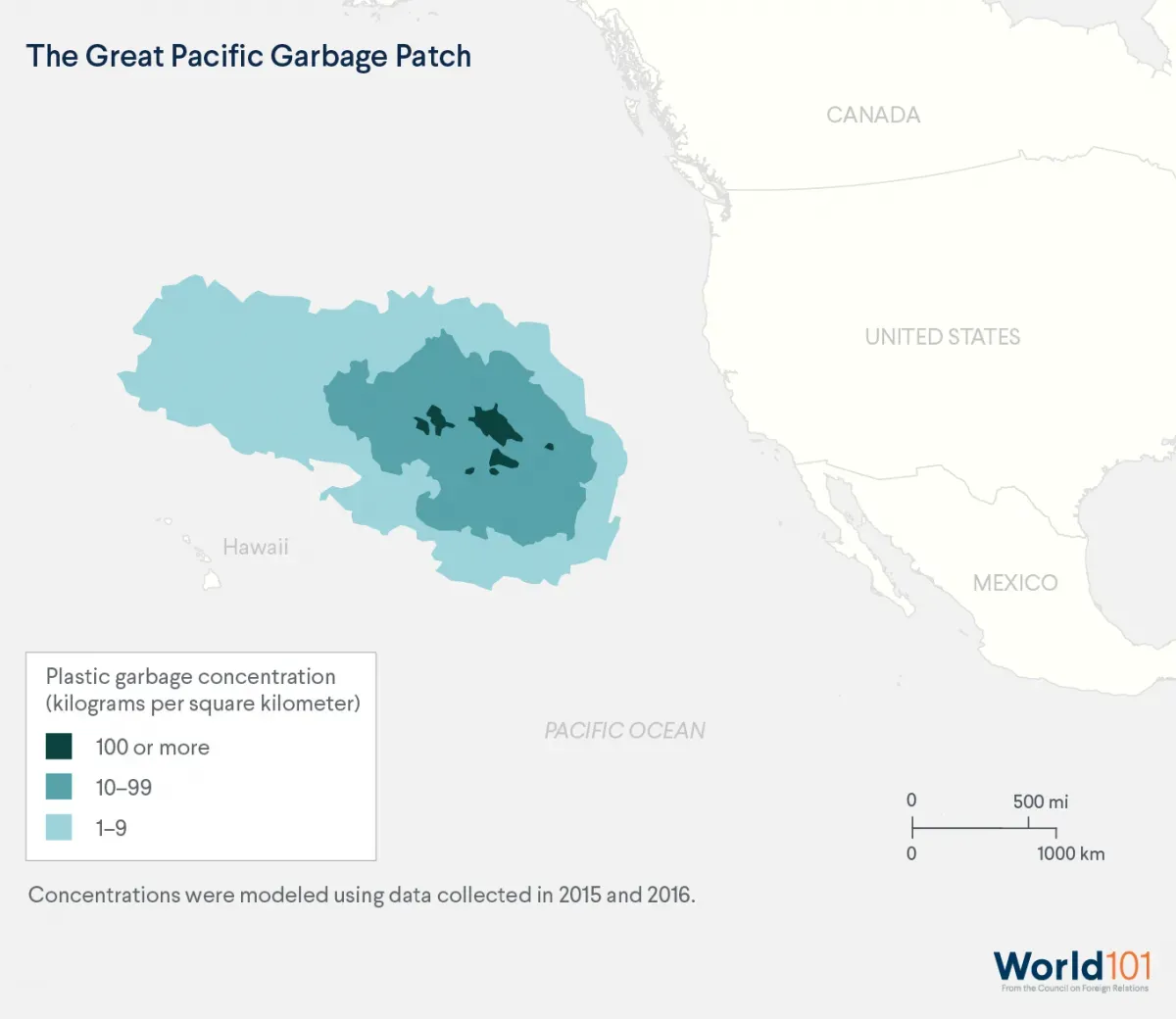 Map of the Great Pacific Garbage Patch, which covers a wide swatch of the Pacific Ocean near Hawaii (based on models using data collected in 2015 and 2016). For more info contact us at world101@cfr.org.