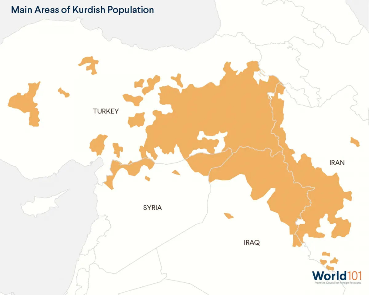 Map showing the main areas of Kurdish populations in Turkey, Syria, Iraq, and Iran. For more info contact us at world101@cfr.org.