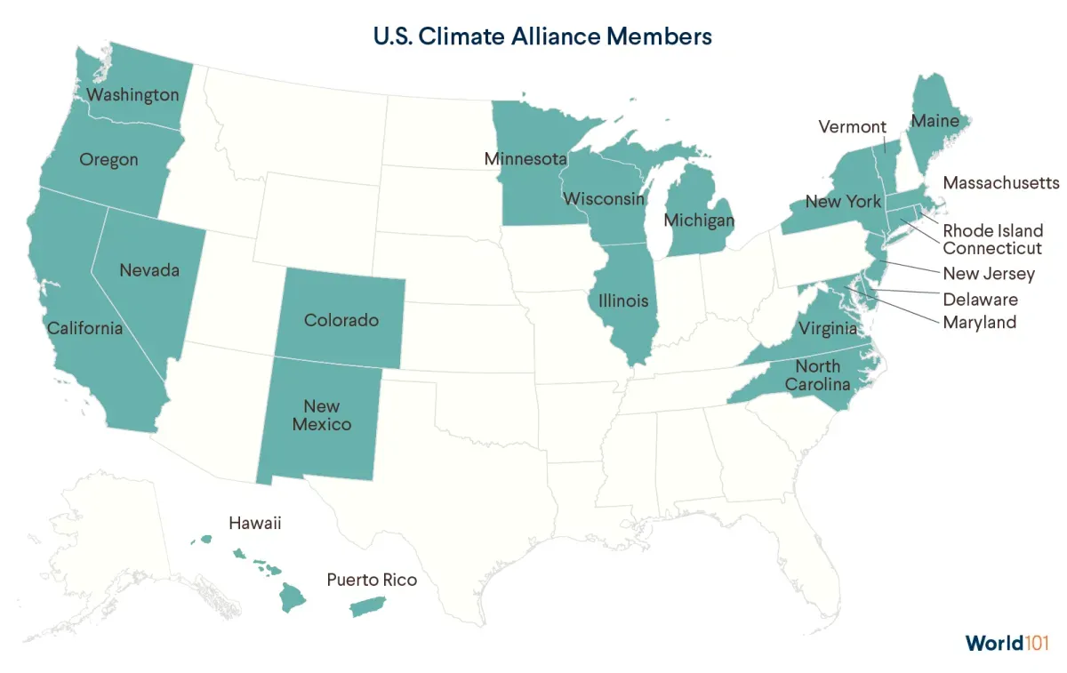 Map showing which states are U.S. Climate Alliance Members as of March 2019. It includes CA, WA, OR, NV, CO, NM, MN, WI, IL, MI, VA, NC, NY, NJ, MD, DE, RI, CT, VT, MA, and ME.