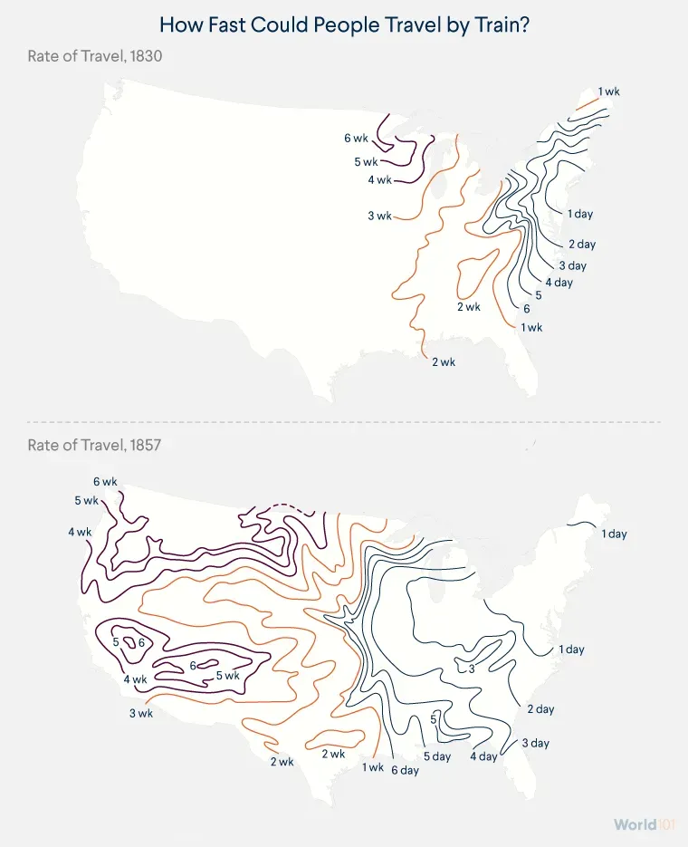 Maps showing how the speed Americans could travel by train increased dramatically during the 19th Century. For more info contact us at world101@cfr.org.