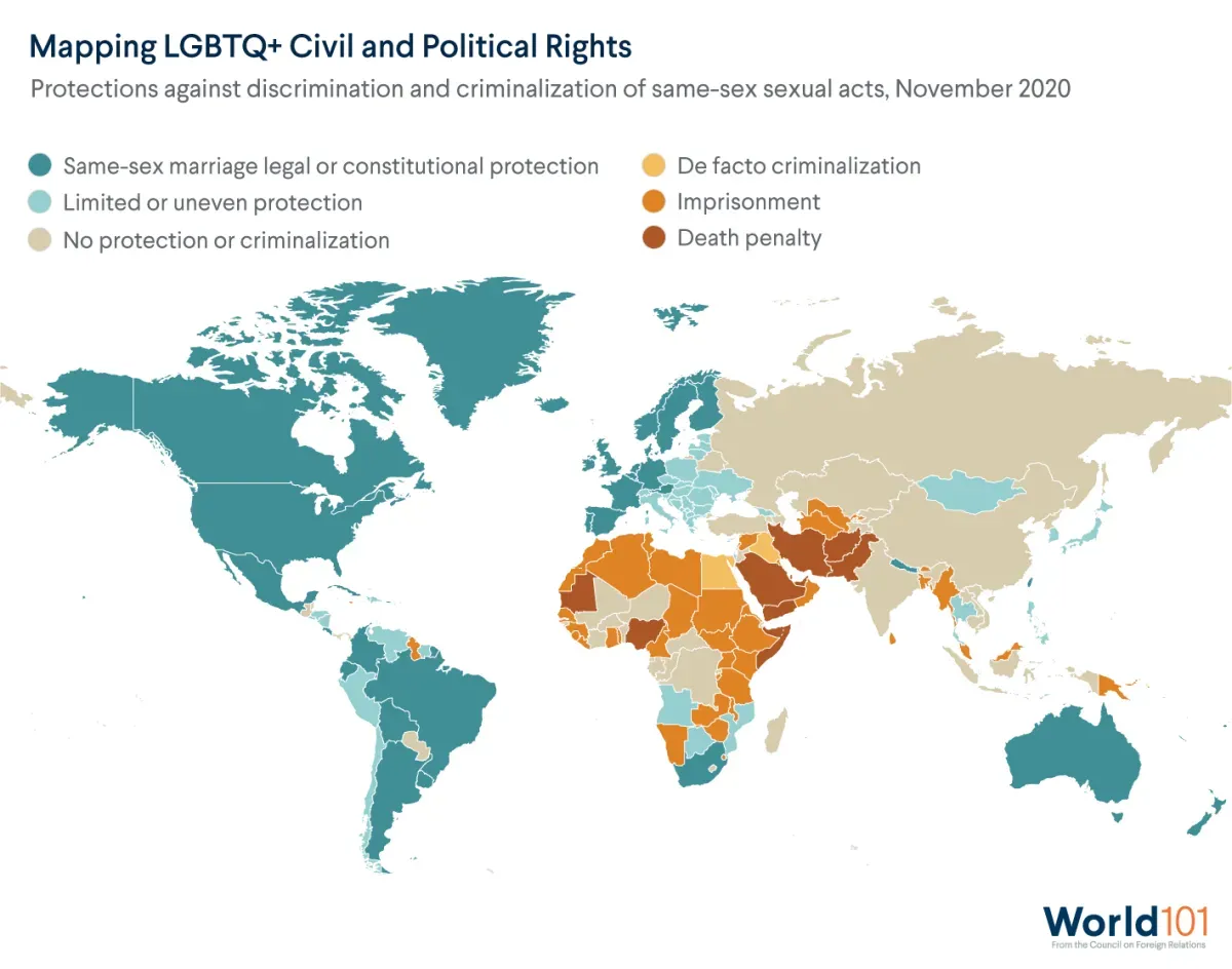 Map showing the legal protections against discrimination and criminalization of same-sex sexual acts around the world. For more info contact us at world101@cfr.org.