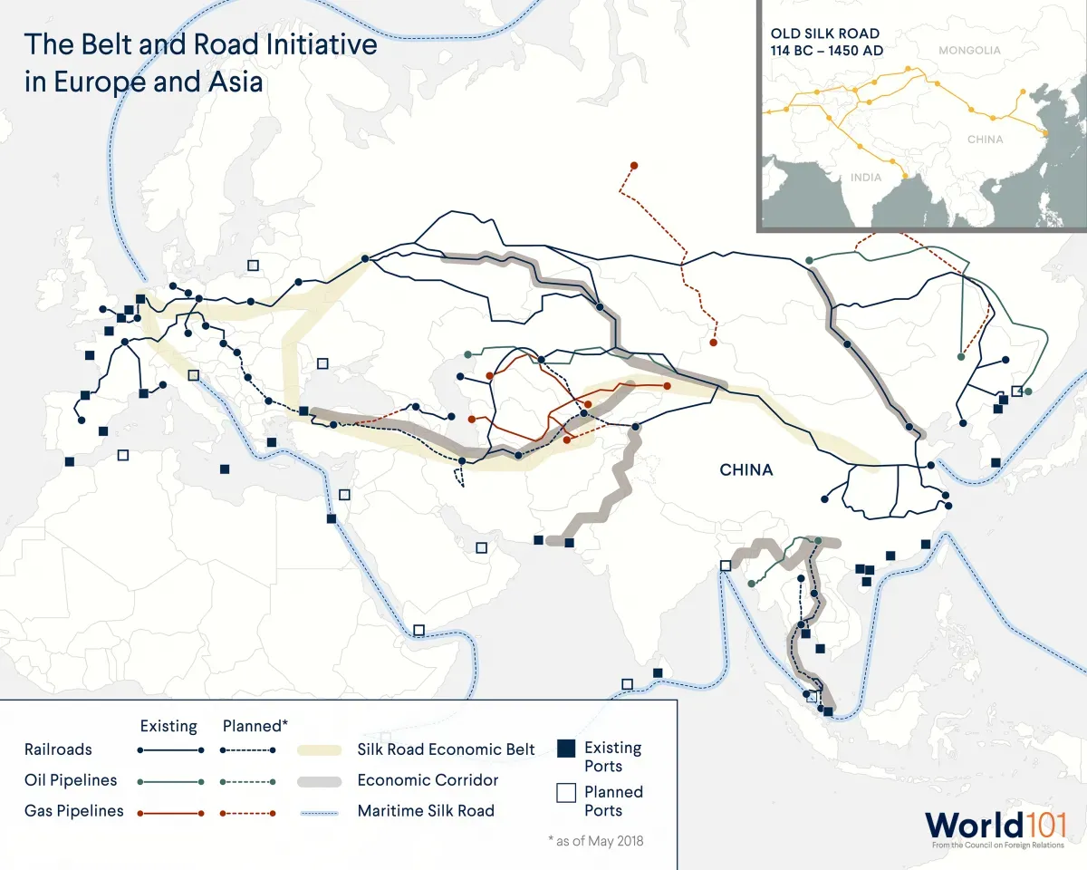 Map of China's Belt and Road Initiative connecting it to Europe and Asia via railroads, pipelines, shipping routes, ports, and other economic corridors. For more info contact us at world101@cfr.org.
