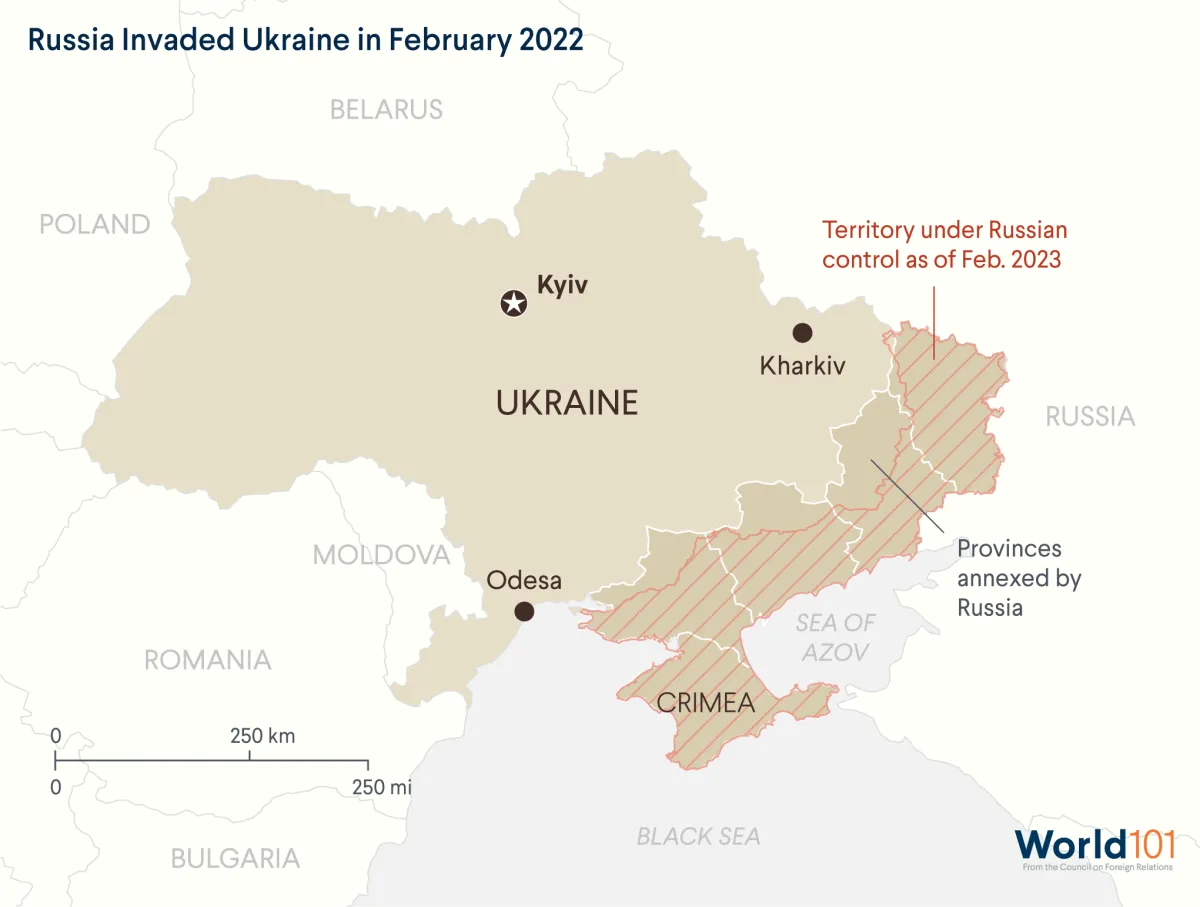 Map of Ukraine showing the provinces annexed by Russia as part of its 2022 invasion as well as the territory that remains under Russian control as of Feb. 2023.  For more info contact us at world101@cfr.org.