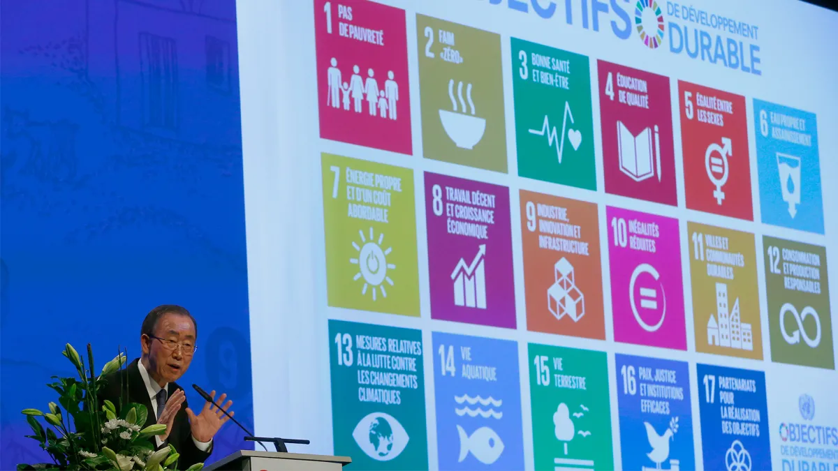 Ban Ki-Moon speaking at a podium in front of large screen featuring icons for the 17 SDGs