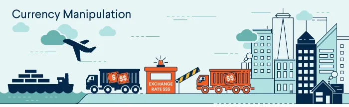 Illustration of currency manipulation, showing trucks, a plane, and ship head away from a city with money symbols on them and an exchange rate toll booth. For more info contact us at world101@cfr.org.