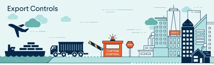 Illustration of export controls, showing a gate labeled 'custom control' next to a city with a plane, ship, and truck heading away from it. For more info contact us at world101@cfr.org.