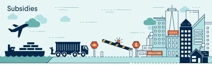 Illustration of subsidies, showing a plane, ship, and truck heading toward a city with a dollar-sign street sign. For more info contact us at world101@cfr.org.