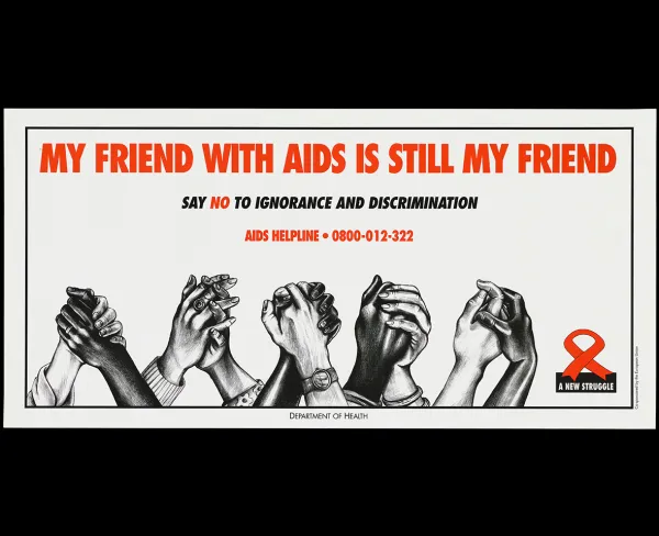 A South African poster encouraging the equitable treatment of people with AIDS, ca. 1996.