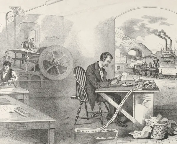 A lithograph from 1876 depicting nineteenth-century inventions: the steam press, the electric telegraph, the locomotive, and the steamboat.
