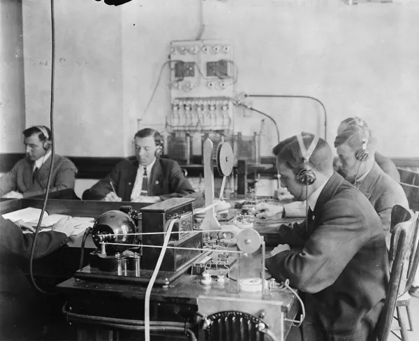 Students practicing at a Marconi wireless school in New York, circa 1912.