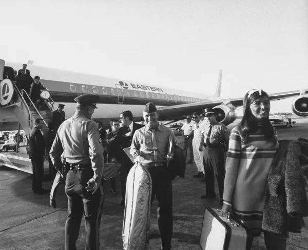 Passengers of an Eastern Air Lines flight land in Miami, Florida, on February 3, 1969, after hijackers initially diverted the plane to Havana, Cuba.