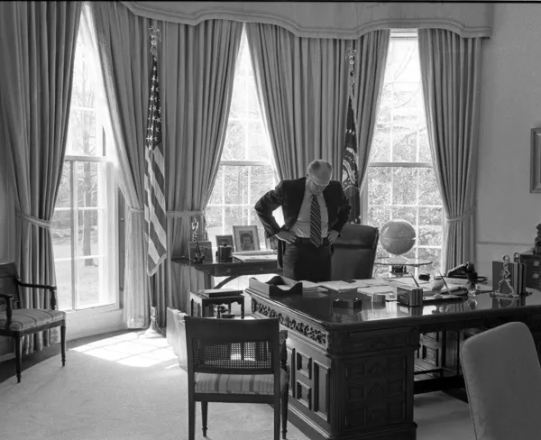President Gerald R. Ford at his desk in the Oval Office, on March 25, 1975.