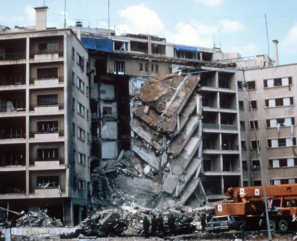 A view of the damage to the U.S. embassy in Beirut, Lebanon, on April 29, 1983, a few days after a terrorist bombing.