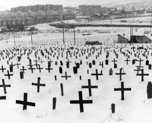 Graves of Muslims, Croats, and Serbs in Sarajevo, Bosnia and Herzegovina, during the siege of the city in the Bosnian War in 1994.