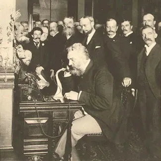 Alexander Graham Bell on the telephone calling Chicago from New York in 1892.
